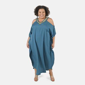 Teal V-Neck Kaftan Cold Shoulder Style and Embroidered neck line - OSFM